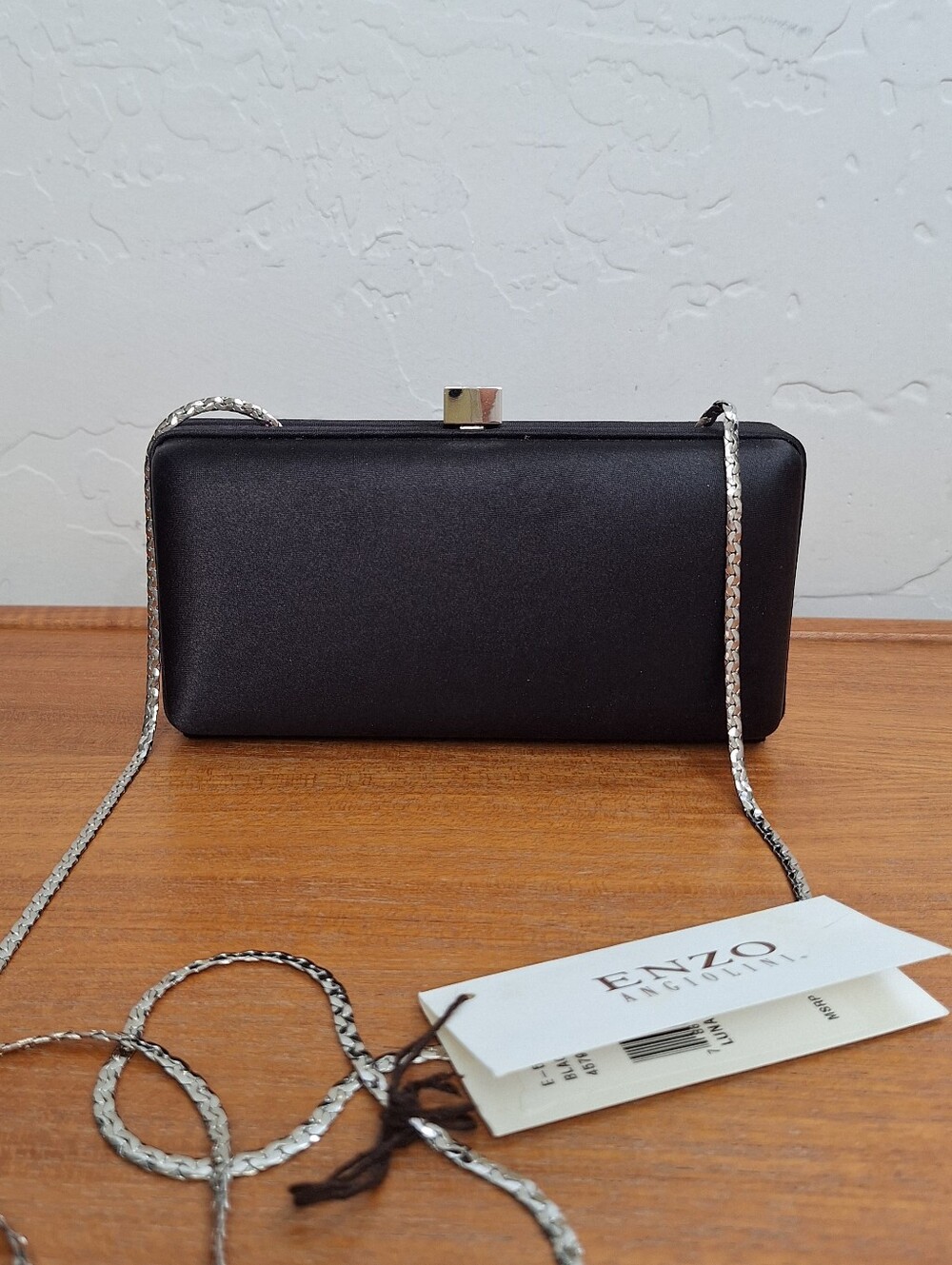 Enzo Angiolini Satin Clutch Structured Bag Minaudiere Black Silver Evening NEW